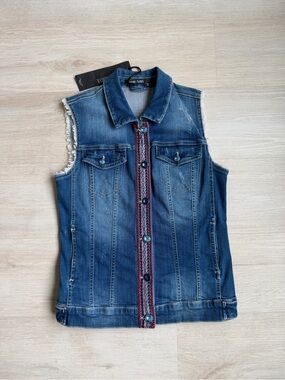 Marc Aurel Sleeveless Blue Denim Vest with Embroidered Trim